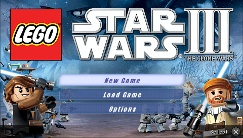 LEGO Star Wars III: The Clone Wars title screen for PSP